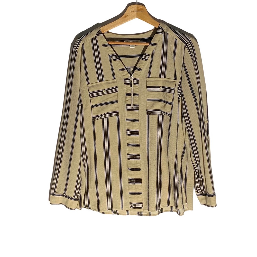 Studio Works Tan/Black Striped Long-Sleeve Pullover Blouse